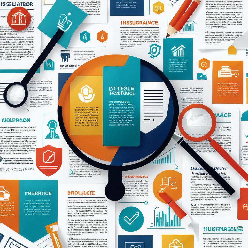 A visually engaging collage of various insurance-related icons such as policy documents, a magnifying glass, a shield, and terms like 'premium', 'deductible', and 'coverage' artistically interwoven in a way that signifies education and clarity. A colorful, modern design that invites curiosity with a friendly tone, set against a clean white background. super-realistic. vibrant colors. white background.