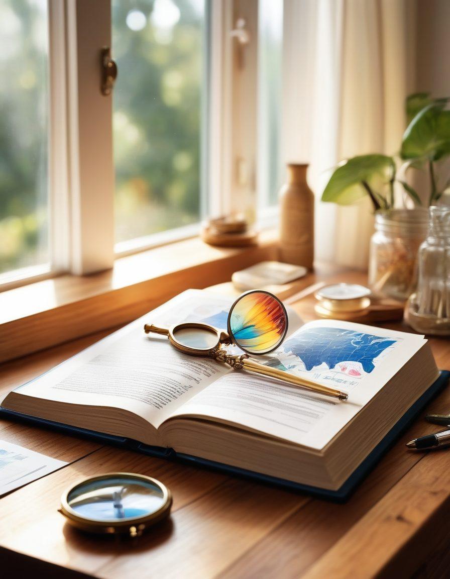 An open book with pages filled with insurance-related diagrams, terminologies, and policy illustrations, set on a wooden desk. Surrounding it are colorful infographics symbolizing different types of coverage (health, auto, home). A magnifying glass rests atop the book, emphasizing the theme of exploration and understanding. Soft natural light filters through a nearby window to create an inviting atmosphere. super-realistic. vibrant colors. white background.